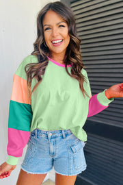 Bella Love Boutique California LLC Tops/Long Sleeve Tops Green Colorblock Patchwork Long Sleeve Loose Top