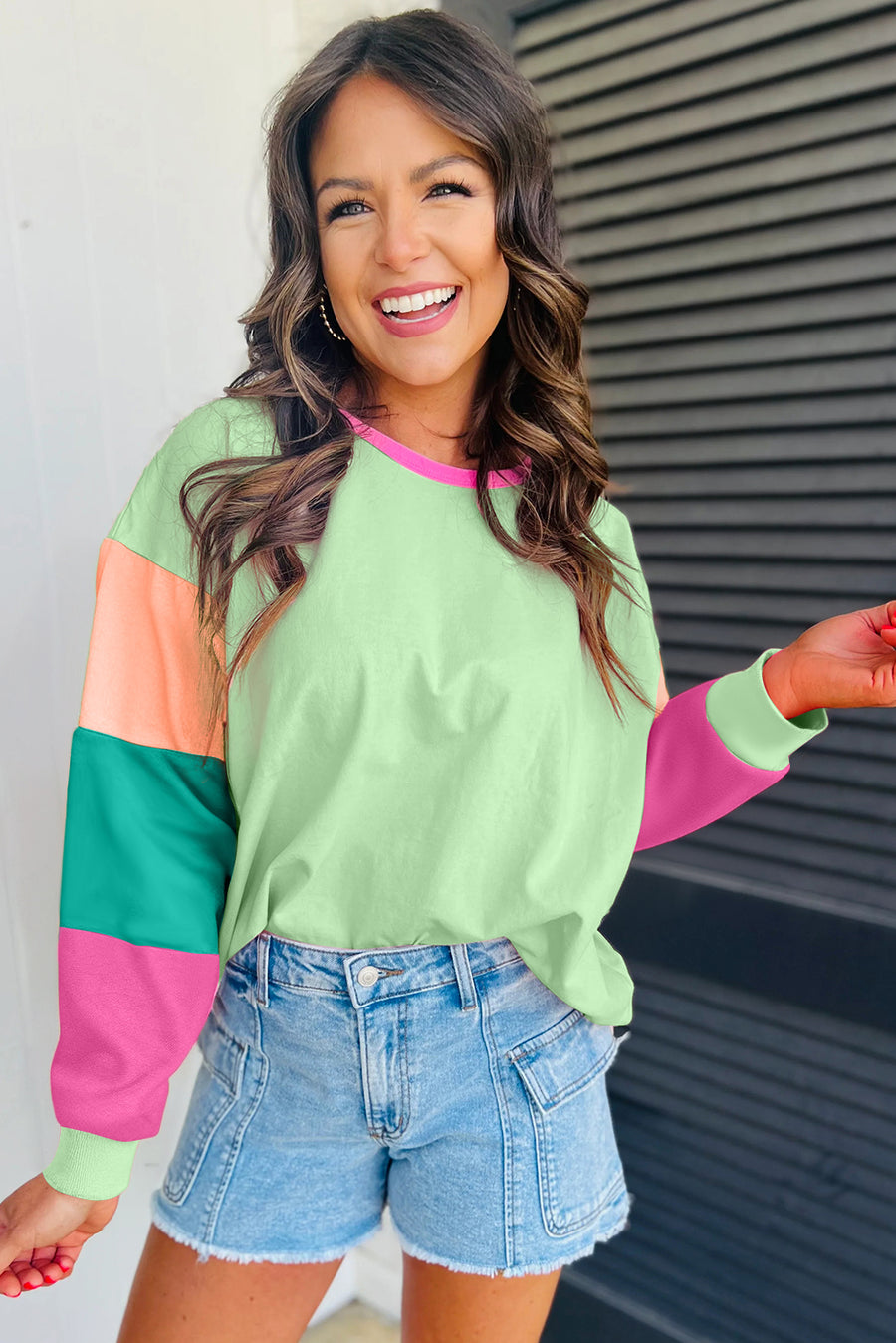 Bella Love Boutique California LLC Tops/Long Sleeve Tops Green Colorblock Patchwork Long Sleeve Loose Top