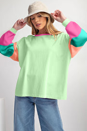 Bella Love Boutique California LLC Tops/Long Sleeve Tops Green Colorblock Patchwork Long Sleeve Loose Top
