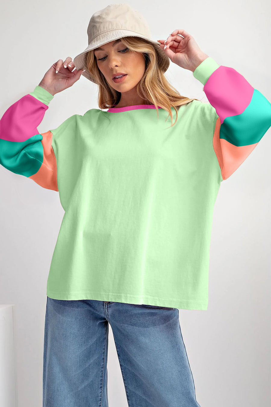 Bella Love Boutique California LLC Tops/Long Sleeve Tops Green Colorblock Patchwork Long Sleeve Loose Top