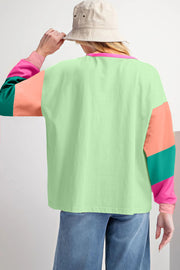 Bella Love Boutique California LLC Tops/Long Sleeve Tops Green Colorblock Patchwork Long Sleeve Loose Top