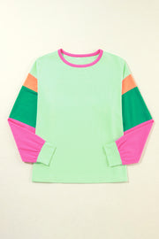Bella Love Boutique California LLC Tops/Long Sleeve Tops Green Colorblock Patchwork Long Sleeve Loose Top