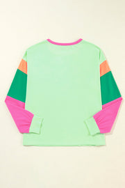 Bella Love Boutique California LLC Tops/Long Sleeve Tops Green Colorblock Patchwork Long Sleeve Loose Top