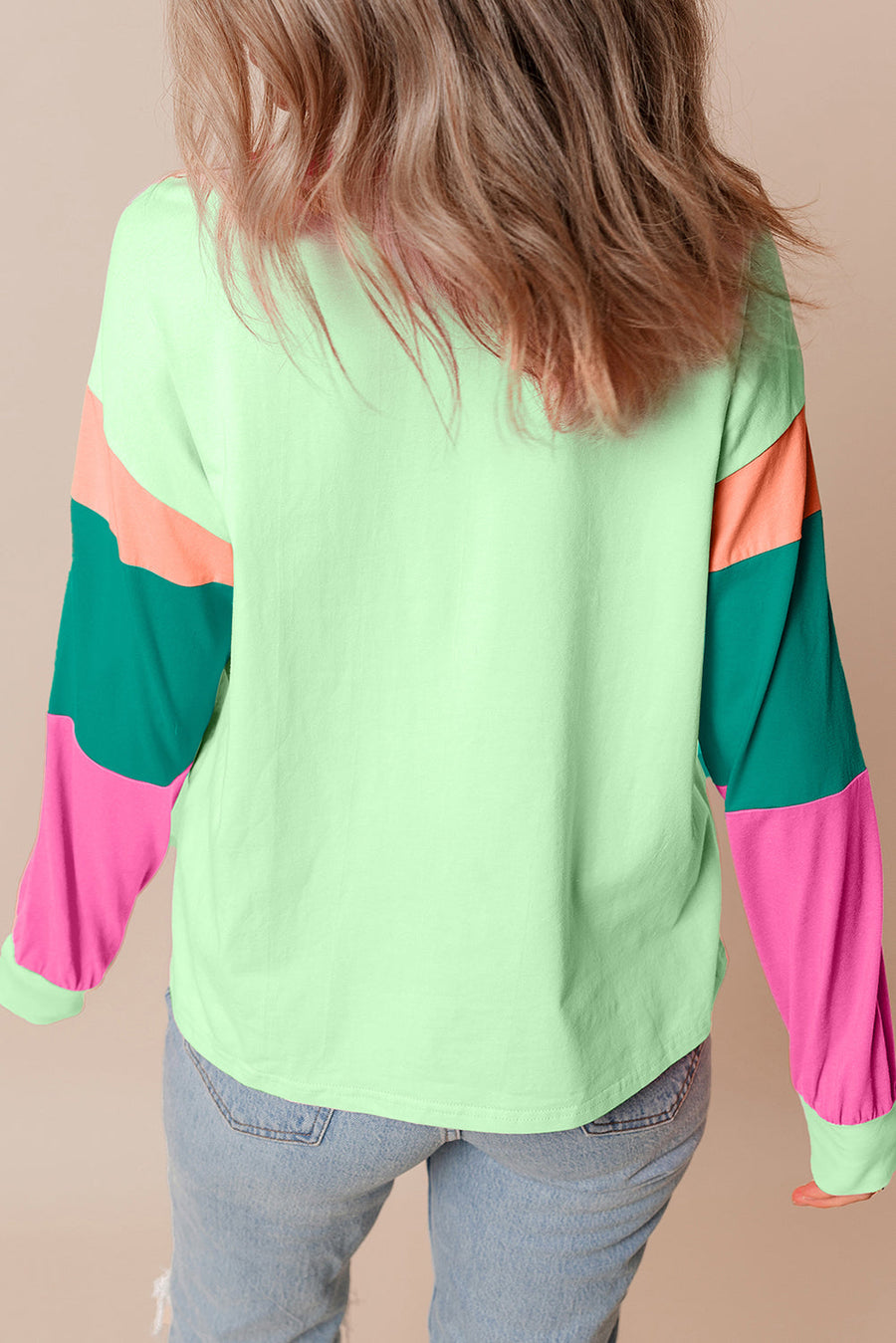 Bella Love Boutique California LLC Tops/Long Sleeve Tops Green Colorblock Patchwork Long Sleeve Loose Top