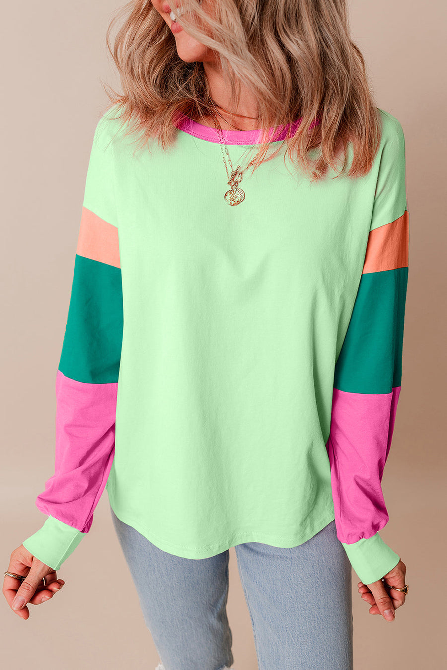 Bella Love Boutique California LLC Tops/Long Sleeve Tops Green Colorblock Patchwork Long Sleeve Loose Top