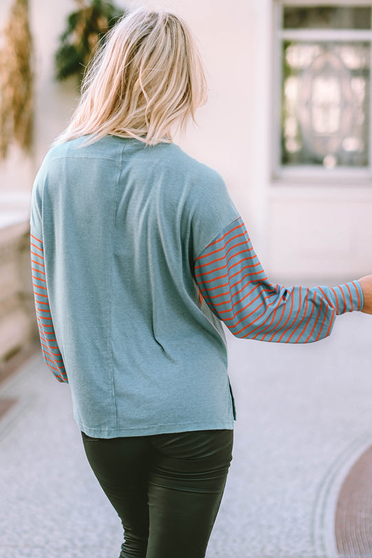 Bella Love Boutique California LLC Tops/Long Sleeve Tops Green Colorblock Striped Bishop Sleeve Top