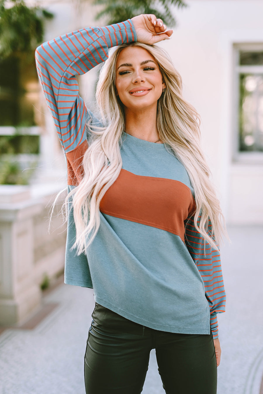 Bella Love Boutique California LLC Tops/Long Sleeve Tops Green Colorblock Striped Bishop Sleeve Top
