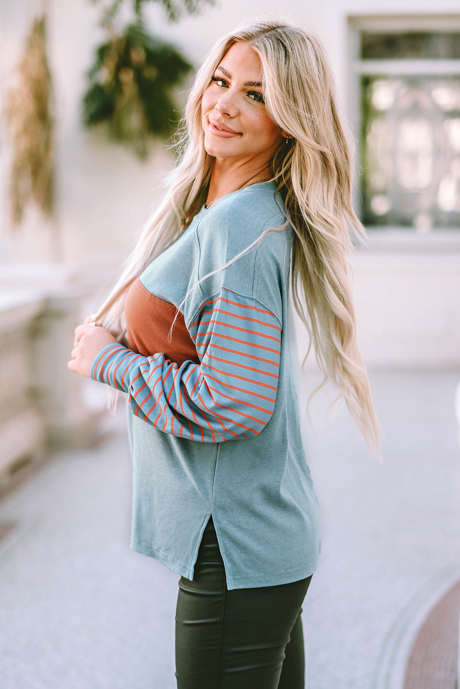 Bella Love Boutique California LLC Tops/Long Sleeve Tops Green Colorblock Striped Bishop Sleeve Top
