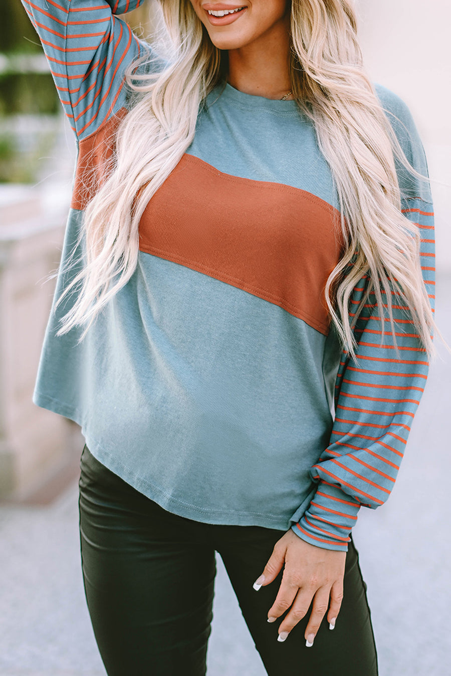 Bella Love Boutique California LLC Tops/Long Sleeve Tops Green Colorblock Striped Bishop Sleeve Top