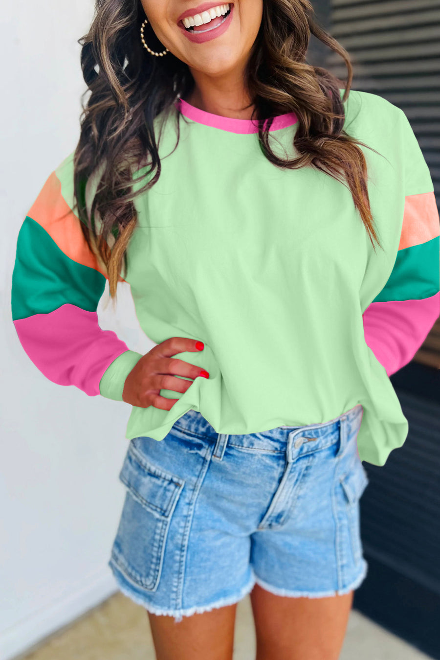 Bella Love Boutique California LLC Tops/Long Sleeve Tops Green / S / 95%Cotton+5%Elastane Green Colorblock Patchwork Long Sleeve Loose Top