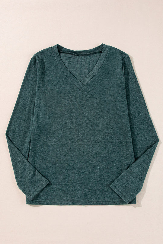 Bella Love Boutique California LLC Tops/Long Sleeve Tops Green Solid Color Long Sleeve V Neck Top