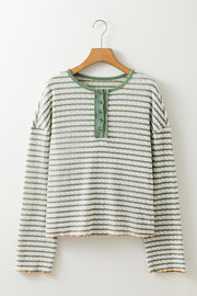 Bella Love Boutique California LLC Tops/Long Sleeve Tops Green Stripe Textured Frilly Trim Buttons Henley Long Sleeve Top