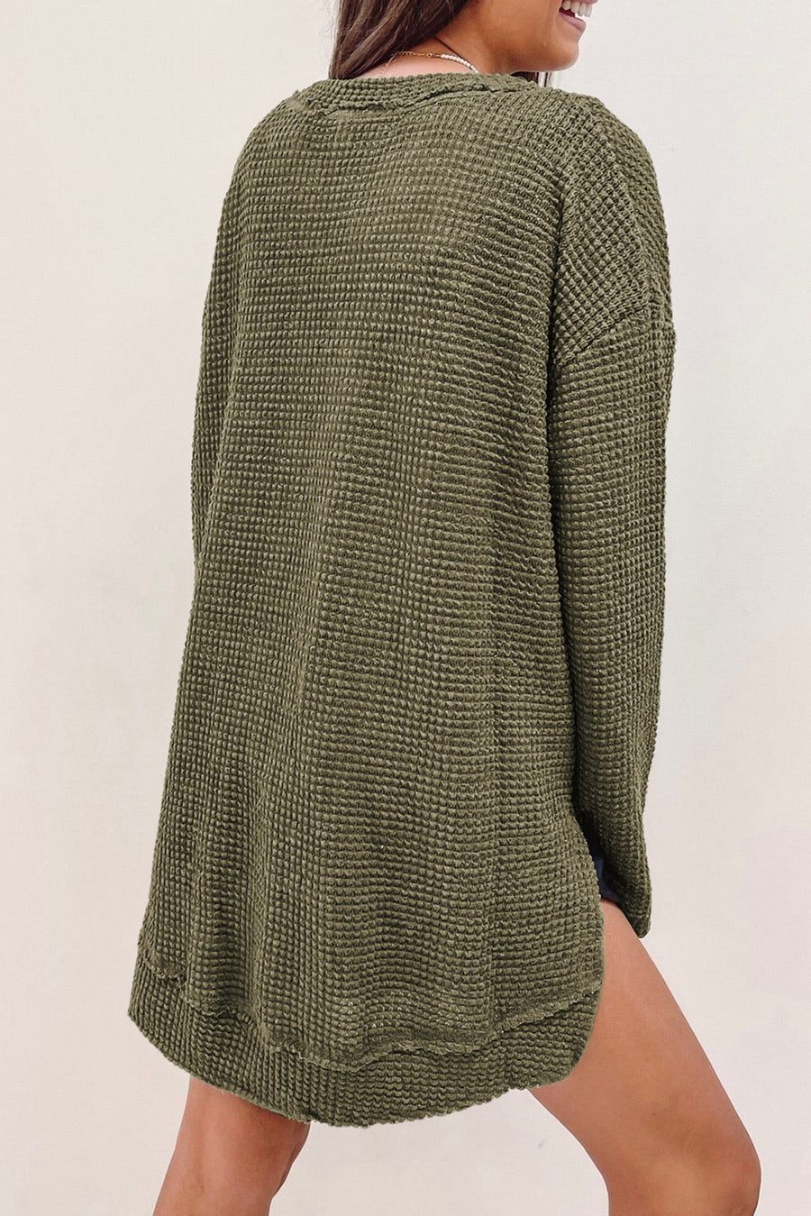 Green Waffle Knit High Slits Oversized Top