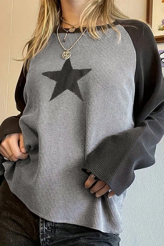 Bella Love Boutique California LLC Tops/Long Sleeve Tops High-rise / S / 65%Cotton+35%Polyester High Waffle Knit Colorblock Star Patch Graphic Raglan Top