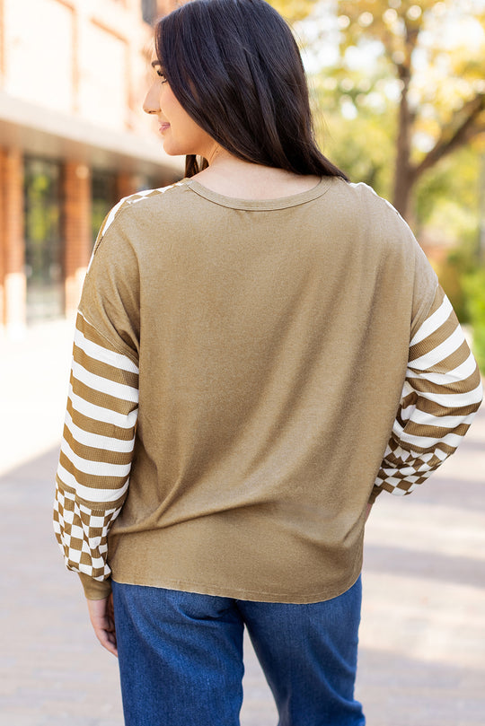 Bella Love Boutique California LLC Tops/Long Sleeve Tops Khaki Checkerboard Striped Patchwork Lantern Sleeve Pocketed Blouse