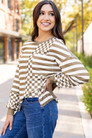 Bella Love Boutique California LLC Tops/Long Sleeve Tops Khaki Checkerboard Striped Patchwork Lantern Sleeve Pocketed Blouse