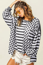 Bella Love Boutique California LLC Tops/Long Sleeve Tops Khaki Checkerboard Striped Patchwork Lantern Sleeve Pocketed Blouse