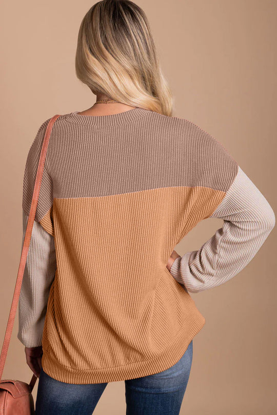 Bella Love Boutique California LLC Tops/Long Sleeve Tops Khaki Color Block Long Sleeve Ribbed Loose Top