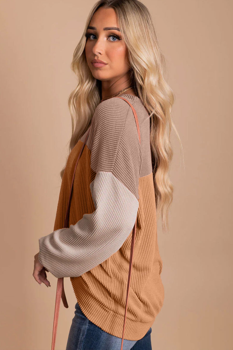 Bella Love Boutique California LLC Tops/Long Sleeve Tops Khaki Color Block Long Sleeve Ribbed Loose Top