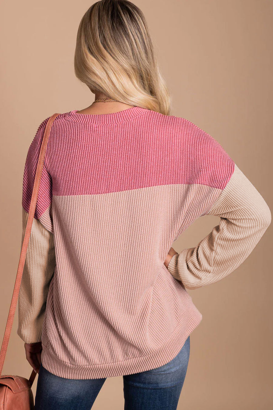 Bella Love Boutique California LLC Tops/Long Sleeve Tops Khaki Color Block Long Sleeve Ribbed Loose Top