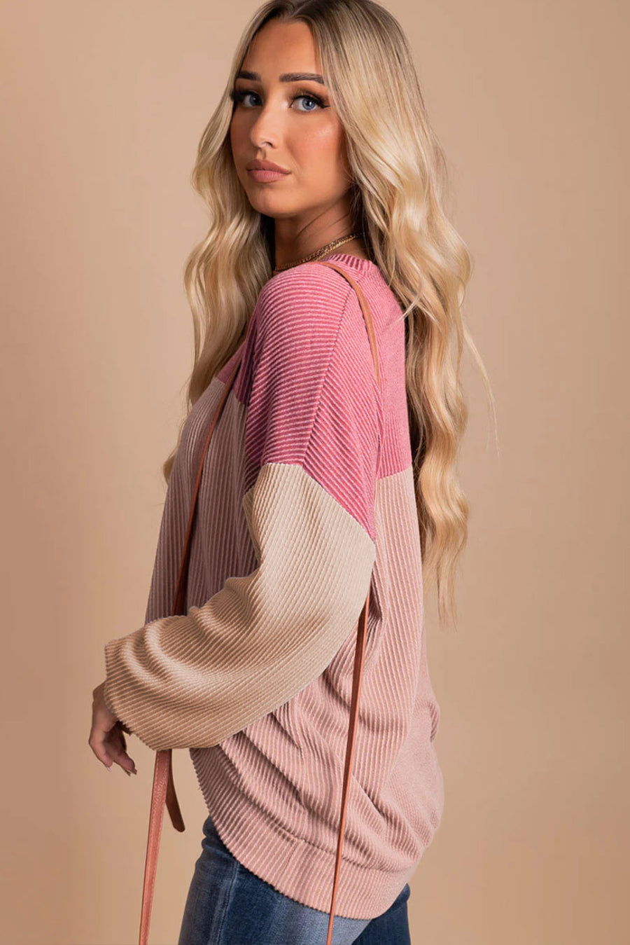 Bella Love Boutique California LLC Tops/Long Sleeve Tops Khaki Color Block Long Sleeve Ribbed Loose Top