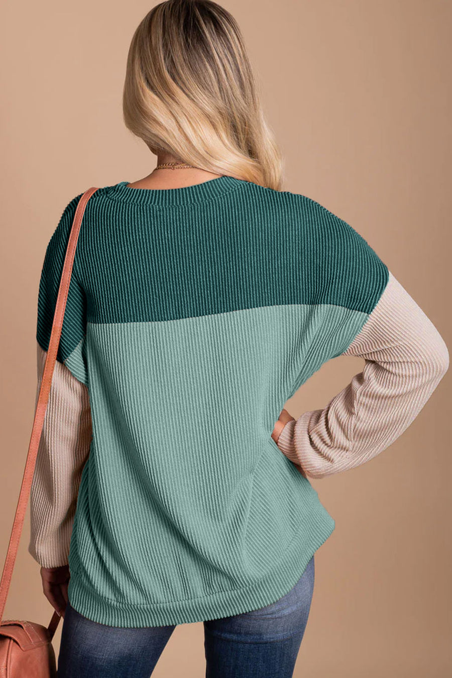 Bella Love Boutique California LLC Tops/Long Sleeve Tops Khaki Color Block Long Sleeve Ribbed Loose Top