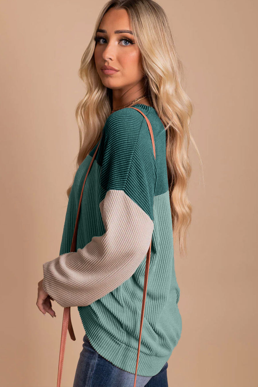 Bella Love Boutique California LLC Tops/Long Sleeve Tops Khaki Color Block Long Sleeve Ribbed Loose Top