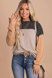 Bella Love Boutique California LLC Tops/Long Sleeve Tops Khaki Color Block Long Sleeve Ribbed Loose Top