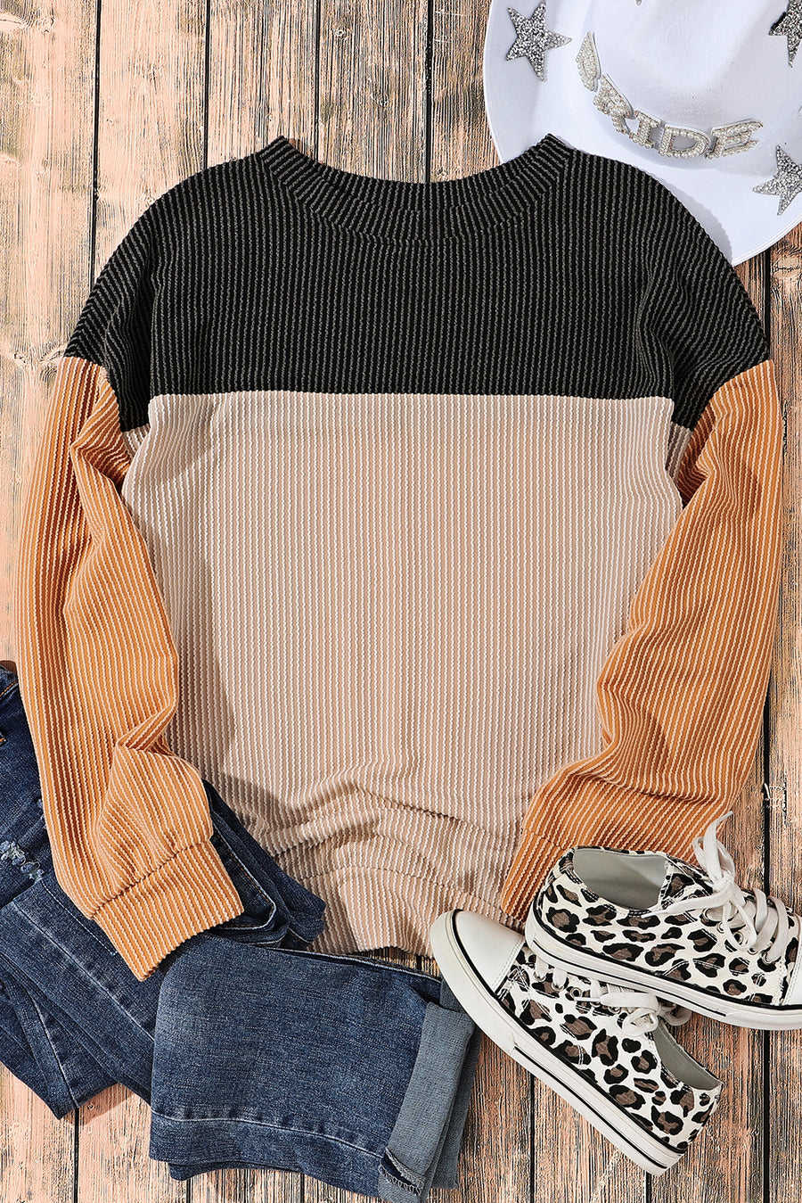 Bella Love Boutique California LLC Tops/Long Sleeve Tops Khaki Color Block Long Sleeve Ribbed Loose Top