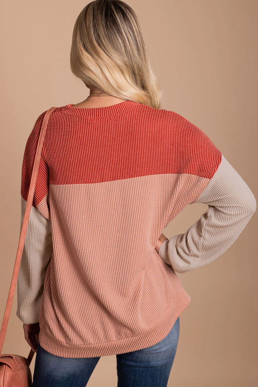 Bella Love Boutique California LLC Tops/Long Sleeve Tops Khaki Color Block Long Sleeve Ribbed Loose Top