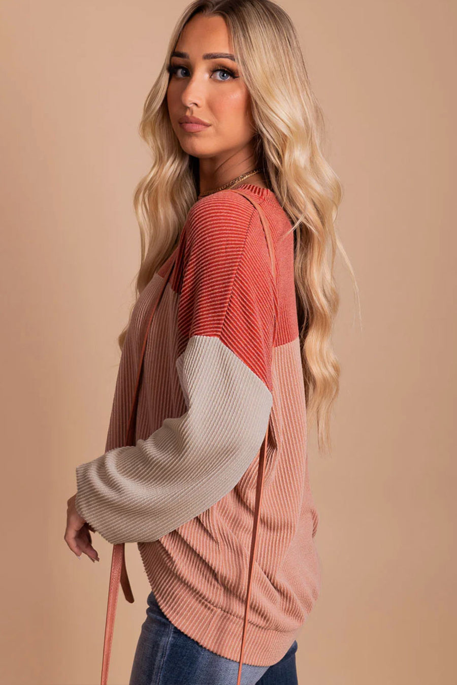 Bella Love Boutique California LLC Tops/Long Sleeve Tops Khaki Color Block Long Sleeve Ribbed Loose Top