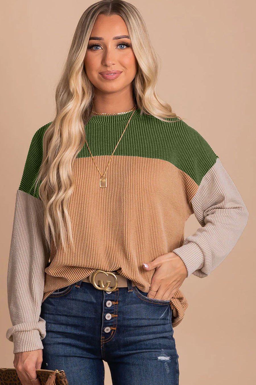 Bella Love Boutique California LLC Tops/Long Sleeve Tops Khaki Color Block Long Sleeve Ribbed Loose Top