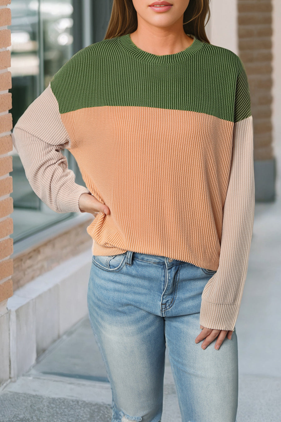 Bella Love Boutique California LLC Tops/Long Sleeve Tops Khaki Color Block Long Sleeve Ribbed Loose Top
