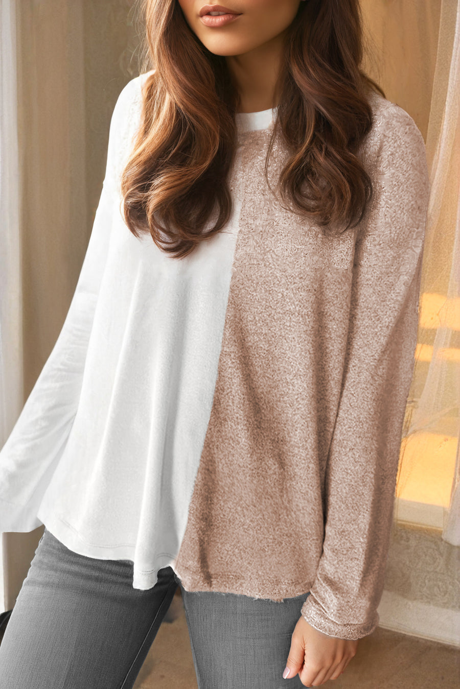 Bella Love Boutique California LLC Tops/Long Sleeve Tops Khaki Colorblock Long Sleeve Crew Neck Top