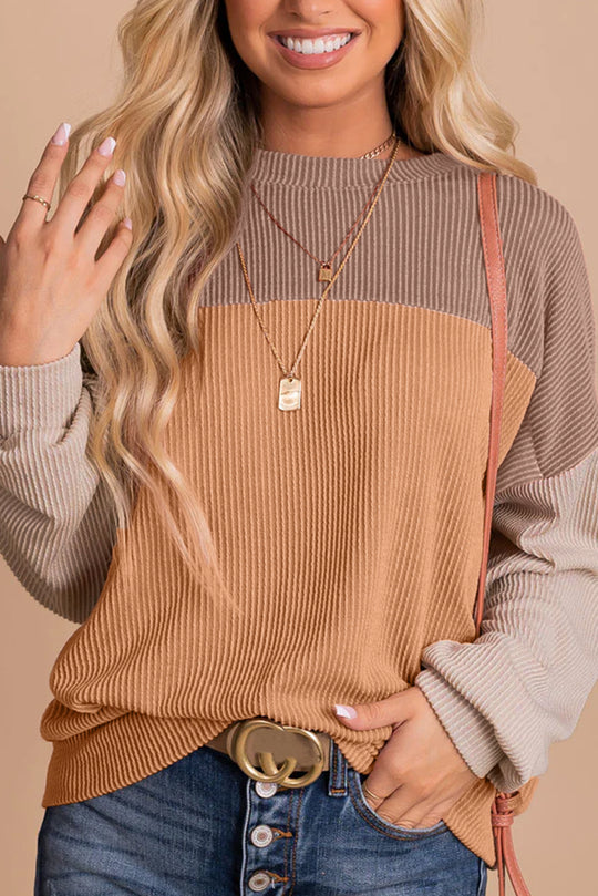 Bella Love Boutique California LLC Tops/Long Sleeve Tops Khaki / S / 75%Polyester+20%Viscose+5%Elastane Khaki Color Block Long Sleeve Ribbed Loose Top
