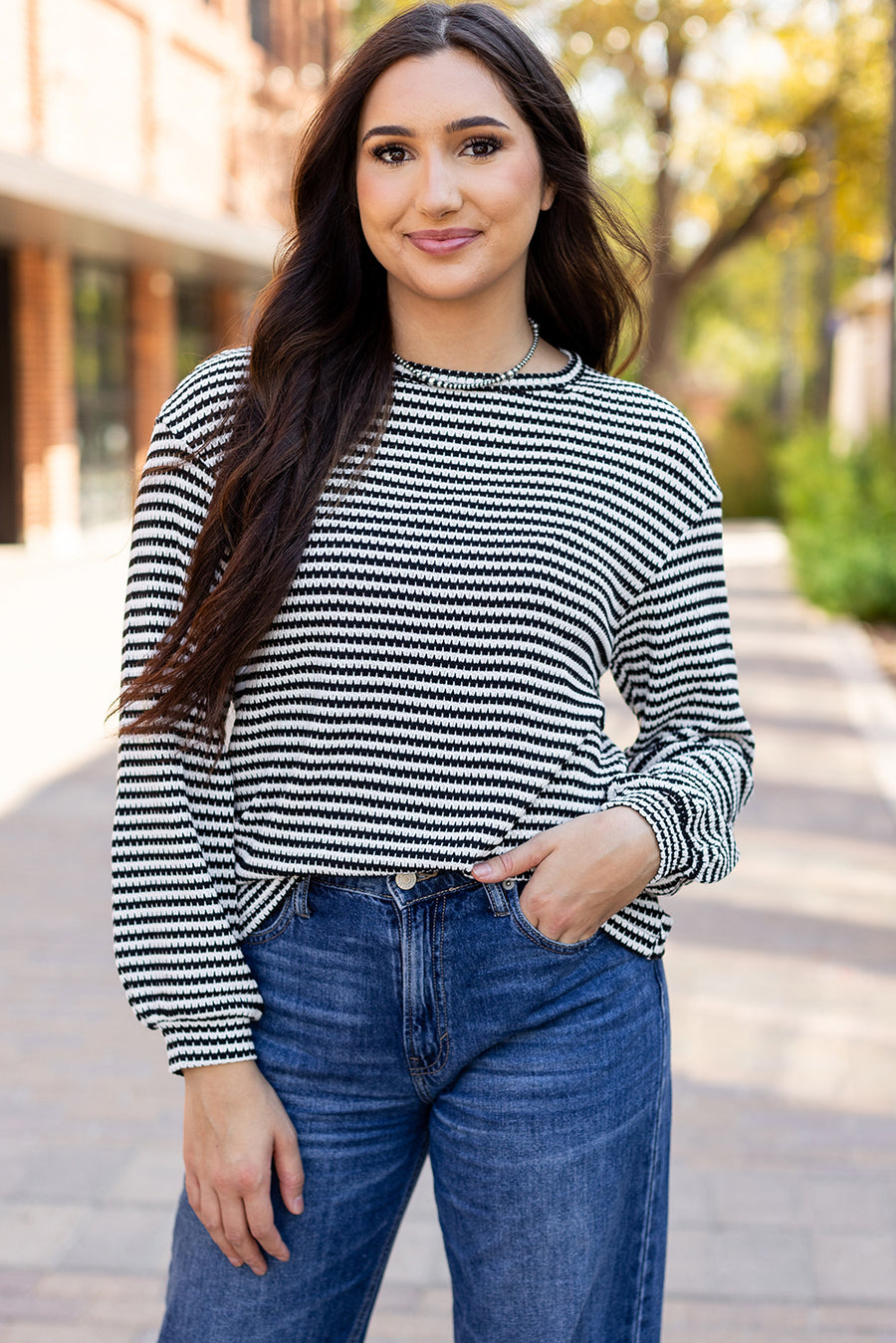 Bella Love Boutique California LLC Tops/Long Sleeve Tops Khaki Stripe Round Neck Drop Shoulder Long Sleeve Top