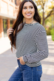 Bella Love Boutique California LLC Tops/Long Sleeve Tops Khaki Stripe Round Neck Drop Shoulder Long Sleeve Top