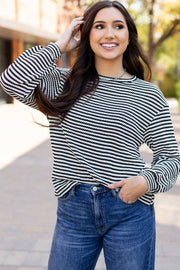 Bella Love Boutique California LLC Tops/Long Sleeve Tops Khaki Stripe Round Neck Drop Shoulder Long Sleeve Top