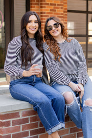 Bella Love Boutique California LLC Tops/Long Sleeve Tops Khaki Stripe Round Neck Drop Shoulder Long Sleeve Top