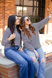 Bella Love Boutique California LLC Tops/Long Sleeve Tops Khaki Stripe Round Neck Drop Shoulder Long Sleeve Top