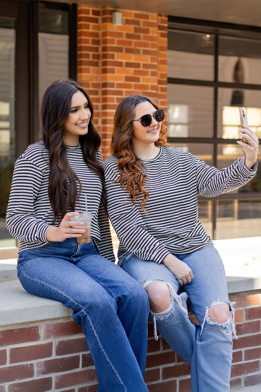 Bella Love Boutique California LLC Tops/Long Sleeve Tops Khaki Stripe Round Neck Drop Shoulder Long Sleeve Top