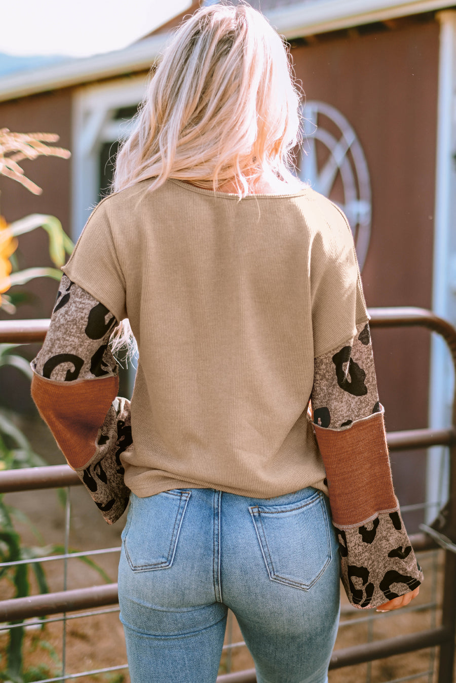 Bella Love Boutique California LLC Tops/Long Sleeve Tops Leopard Colorblock Patchwork V-Neck Loose Sleeve Knit Top