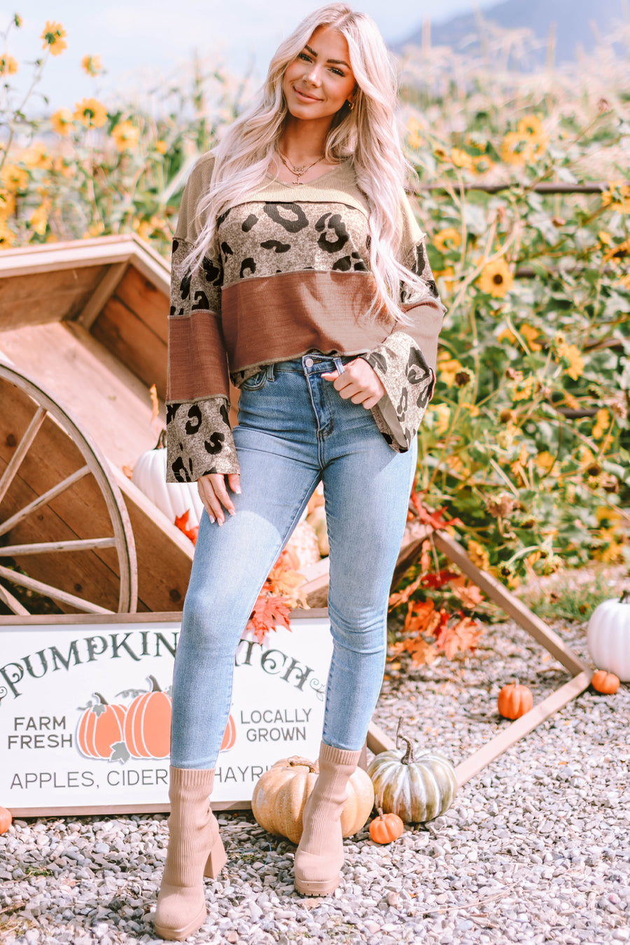 Bella Love Boutique California LLC Tops/Long Sleeve Tops Leopard Colorblock Patchwork V-Neck Loose Sleeve Knit Top