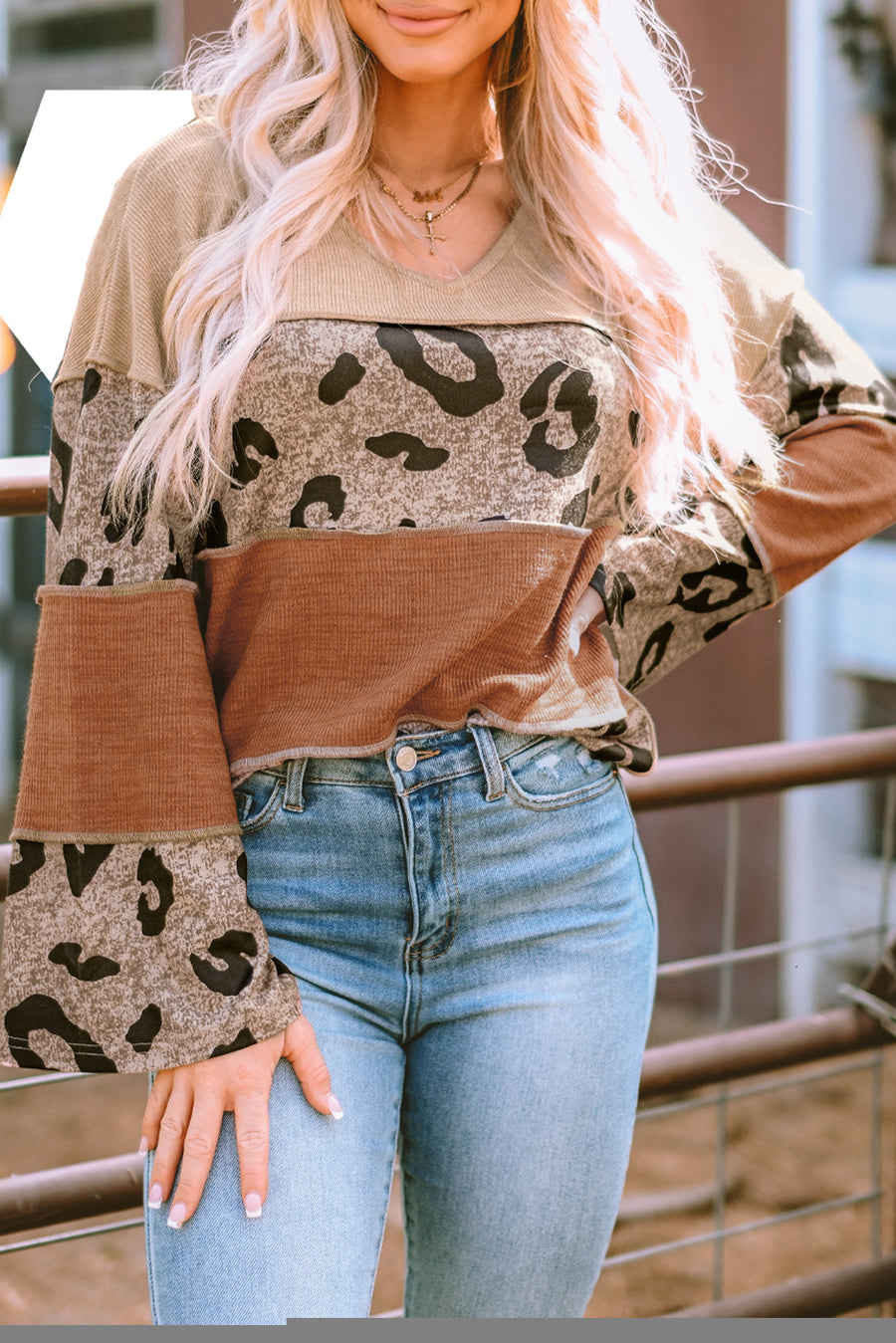 Bella Love Boutique California LLC Tops/Long Sleeve Tops Leopard Colorblock Patchwork V-Neck Loose Sleeve Knit Top