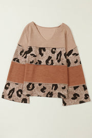 Bella Love Boutique California LLC Tops/Long Sleeve Tops Leopard Colorblock Patchwork V-Neck Loose Sleeve Knit Top
