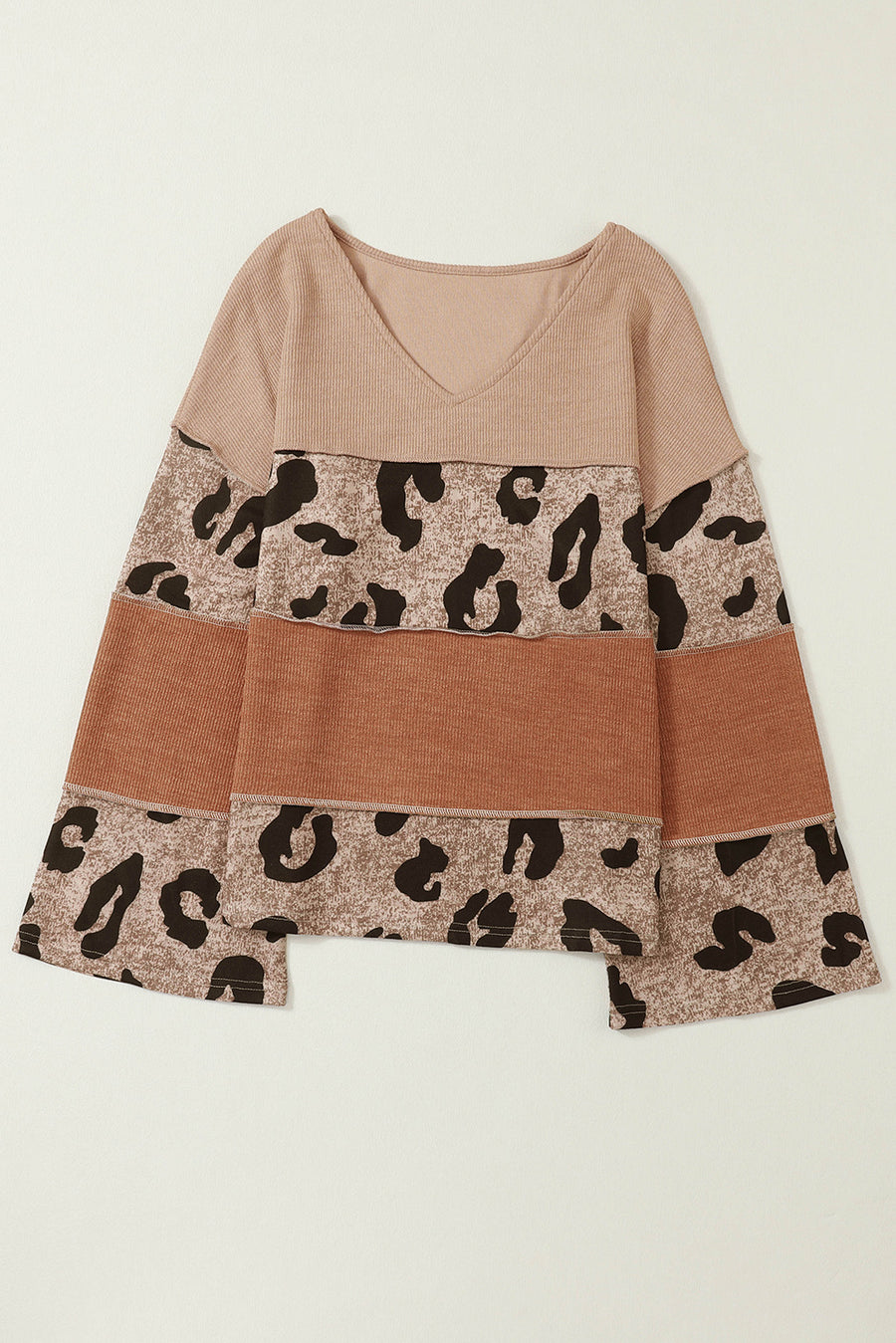 Bella Love Boutique California LLC Tops/Long Sleeve Tops Leopard Colorblock Patchwork V-Neck Loose Sleeve Knit Top