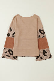 Bella Love Boutique California LLC Tops/Long Sleeve Tops Leopard Colorblock Patchwork V-Neck Loose Sleeve Knit Top