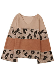 Bella Love Boutique California LLC Tops/Long Sleeve Tops Leopard Colorblock Patchwork V-Neck Loose Sleeve Knit Top