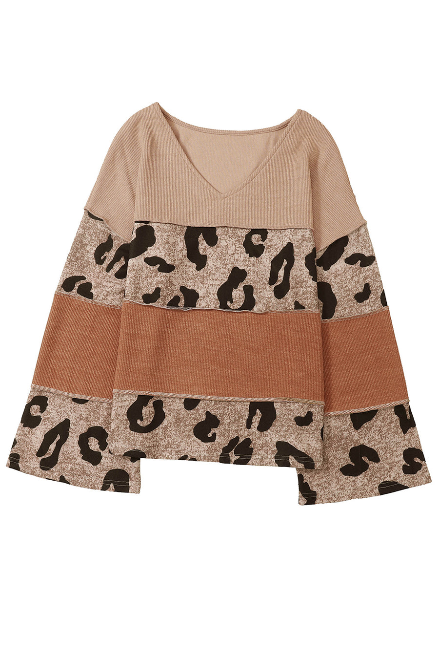 Bella Love Boutique California LLC Tops/Long Sleeve Tops Leopard Colorblock Patchwork V-Neck Loose Sleeve Knit Top
