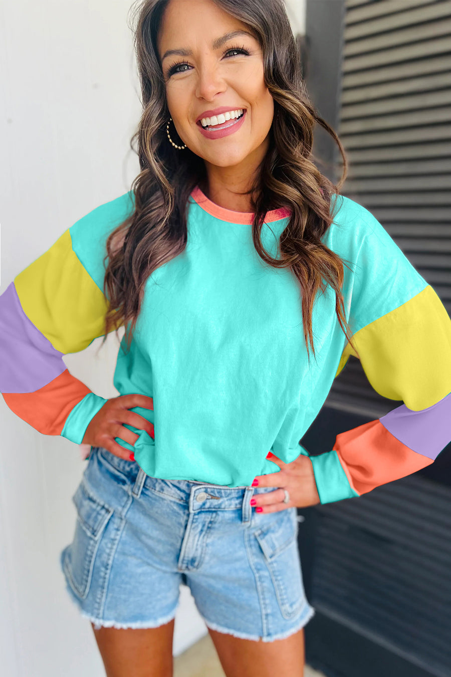 Bella Love Boutique California LLC Tops/Long Sleeve Tops Light Blue Colorblock Patchwork Long Sleeve Loose Top